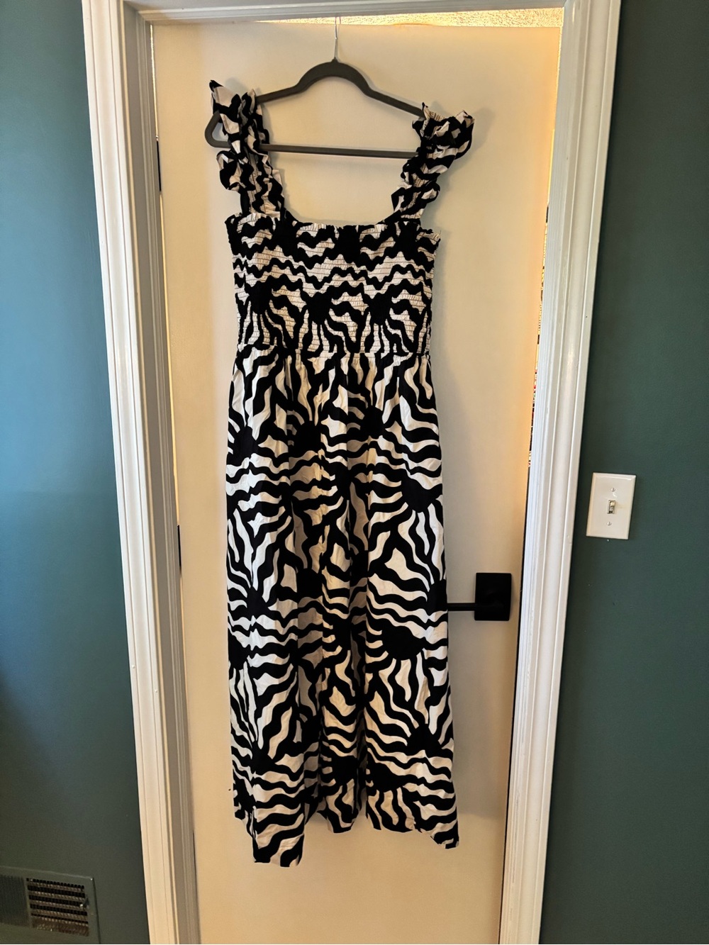 LOFT Black and White Zebra-Print Smocked Midi Dress - Picture 4 of 6